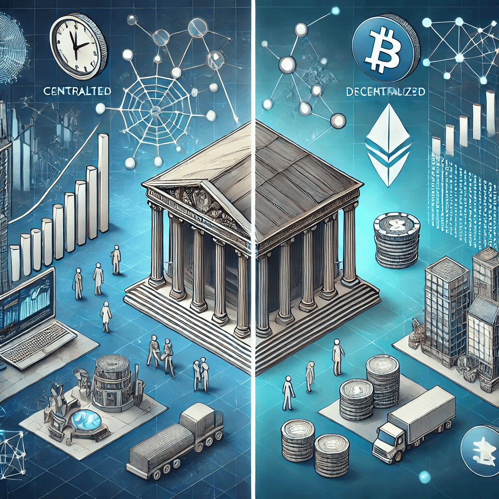DALL·E 2025-01-22 18.32.22 - An engaging and professional illustration comparing centralized and decentralized markets. On the left side, a structured environment representing cen
